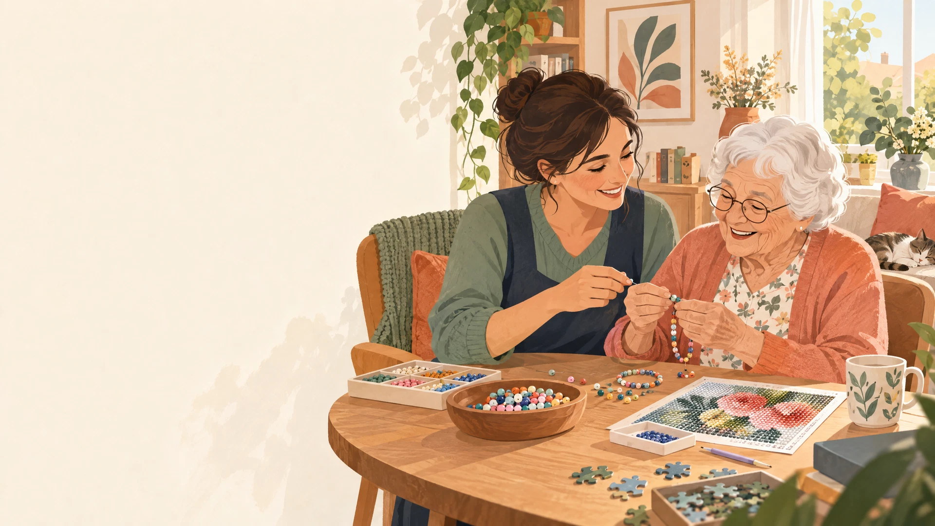 Une animatrice et une personne partagent une activité créative dans un intérieur chaleureux